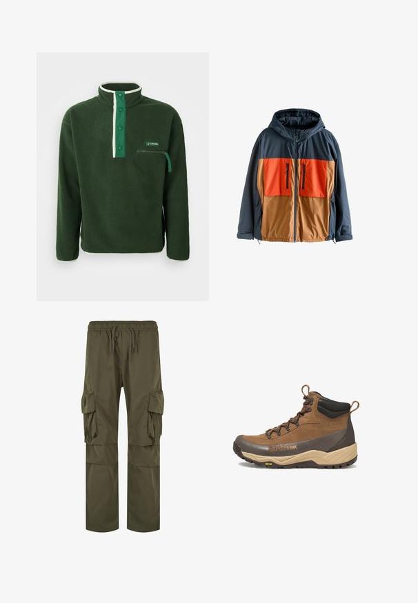 Farveblokkeret jakke med en marineblå overdel og orange samt brune undermidler. Har hætte, frontlynlås og to lynlåslommer på brystet.; Grøn fleecepullover med høj krave, der har en kontrasterende hvid lynlås, trykknapper og en lynlåslomme på brystet. Struktureret stof.; Cargo bukser i olivengrøn med elastisk talje og snørelukning, flere sidelommer og en løs pasform med plisserede detaljer.; Brun og beige vandrestøvle i mellem højde med sort polstret krave, Gore-Tex-logo, metaløjer og Vibram-ydersål.