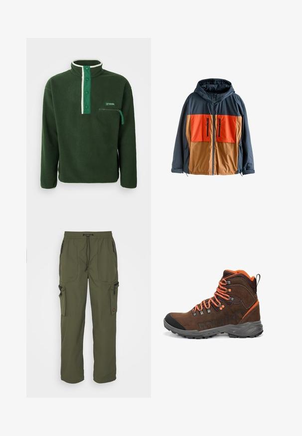 Chaqueta con bloques de color, con la parte superior en navy y las secciones inferiores en naranja y marrón. Presenta una capucha, cremallera frontal y dos bolsillos en el pecho con cremallera.; Polaire verde con cuello alto, que presenta una cremallera blanca en contraste, botones a presión y un bolsillo en el pecho con cremallera. Tejido texturizado.; Pantalones cargo verde oliva hechos de tela ligera, con una cintura elástica, cierre de cordón y múltiples bolsillos con cremallera.; Bota de senderismo marrón con acentos naranjas, que cuenta con un collar acolchado, ojales de metal para los cordones y una suela de goma texturizada. Ideal para uso al aire libre.