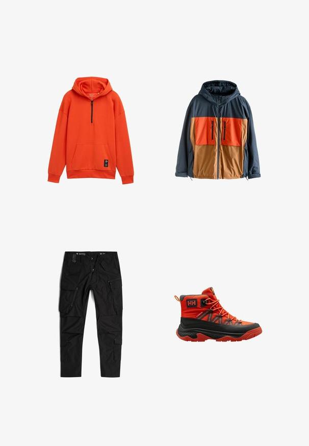 Veste colorée avec une partie supérieure bleu marine et des sections inférieures orange et marron. Comprend une capuche, une fermeture éclair à l'avant et deux poches poitrine zippées.; Sweatshirt à capuche orange avec fermeture éclair à mi-hauteur, poche kangourou et poignets côtelés. Fabriqué en tissu doux, il présente une étiquette de marque sur l'ourlet.; G-STAR TOOLBOX - Pantalon cargo - dk black; Bottes de randonnée imperméables en orange vif et noir, dotées d'une tige haute, d'accents gris et d'une semelle en caoutchouc texturée pour une meilleure adhérence.
