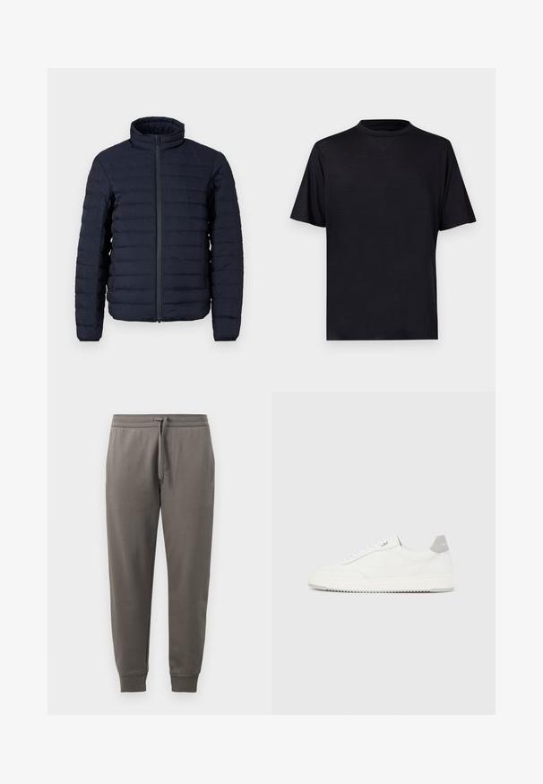 Veste matelassée marine avec col montant, motif matelassé horizontal, fermeture éclair frontale et texture légère et lisse.; T-shirt noir à manches courtes avec un col montant, confectionné dans un tissu lisse et léger, présentant un design minimaliste sans motifs ni accents.; Pantalon de survêtement gris avec une taille à cordon, jambes fuselées et poignets côtelés. Texture lisse, avec un discret détail de logo.; Baskets basses blanches avec un onglet de talon gris, des lacets blancs et une semelle texturée, présentées sur un fond uni clair.