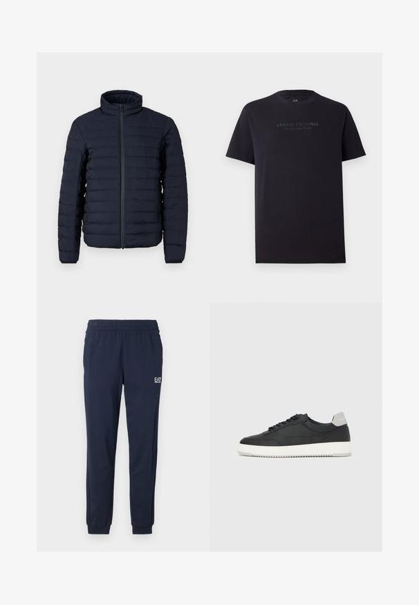 Marineblå dunjakke med høj krave, vandret quiltet mønster, lynlåslukning foran og en let, glat tekstur.; Sort bomulds t-shirt med korte ærmer, rund hals og en let afslappet pasform. Har "ARMANI EXCHANGE MILANO / NEW YORK" i mørkegrå tekst.; Mørkeblå sweatpants med elastisk talje og manchetter. Har et lille hvidt logo på venstre ben. Fremstillet af et blødt, strækbart materiale.; Sort lavtop-sneakers med hvid sål og grå hælkappe, set fra siden på en helt hvid baggrund.