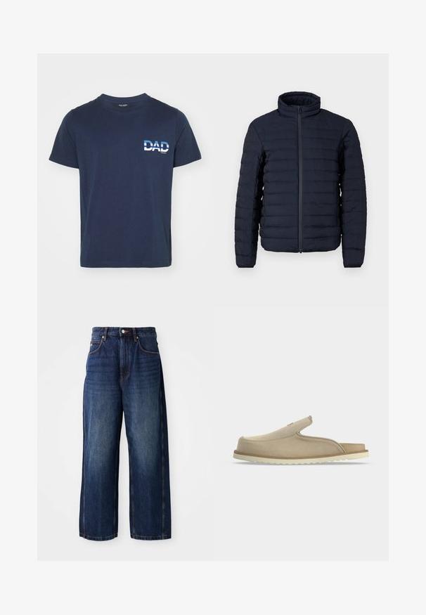 Navy blauwe donzen jas met een hoge kraag, horizontaal doorgestikt patroon, voorritssluiting en een lichtgewicht, gladde textuur.; Marineblauwe katoenen T-shirt met korte mouwen. Heeft een witte grafische tekst "DAD" aan de linkerkant, in een vet lettertype. Eenvoudig en casual ontwerp.; Donkerblauwe wijde-denim jeans. Kenmerken zijn een klassieke tailleband met riemlussen, zwarte zakken aan de voorkant en een rechte silhouet.; Beige instapsandaal met gesloten teen, open hiel, zacht suède bovenwerk en witte gestructureerde rubberen zool, getoond in zijaanzicht op witte achtergrond.