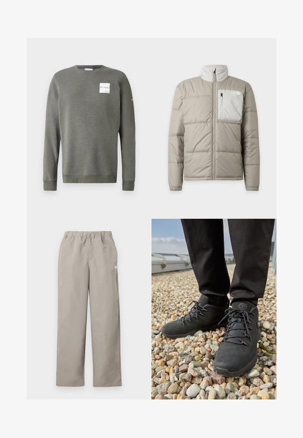 Hellgraue gesteppte Jacke mit durchgehendem Frontreißverschluss und kontrastierender Reißverschlusstasche auf der linken Brustseite.; Olivgrüner Sweatshirt aus weichem Stoff, mit Rundhalsausschnitt, langen Ärmeln und einem rechteckigen weißen Logo-Patch auf der Vorderseite.; Beige gerade geschnittene Hose mit elastischem Bund und kleinem weißem Logo an der rechten Seitennaht.; Schwarze Wanderschuhe aus strukturiertem Leder, mit robusten Schnürsenkeln und einem gepolsterten Knöchelkragen, getragen mit dunklen Hosen auf einem kieseligen Untergrund.
