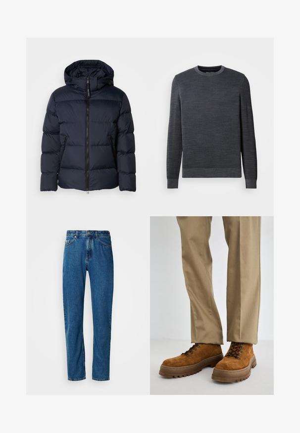 Marineblauer Steppjacke mit Kapuze, ausgestattet mit horizontalen Steppnähten und einem Reißverschluss vorne. Enthält seitliche Taschen und Stoffakzente.; Dunkelgrauer Pullover mit rundem Ausschnitt, langen Ärmeln und strukturiertem Strick. Kleines Logo auf der Brust, gerippte Bündchen und Saum.; Blaue gerade geschnittene Jeans aus Denim mit fünf Taschen und vorderem Knopfverschluss vor einem weißen Hintergrund.; Braune Wildlederstiefel mit einer dicken Gummisohle, ausgestattet mit Metallösen, braunen Schnürsenkeln und einem gepolsterten Kragen, kombiniert mit beigen Hosen.