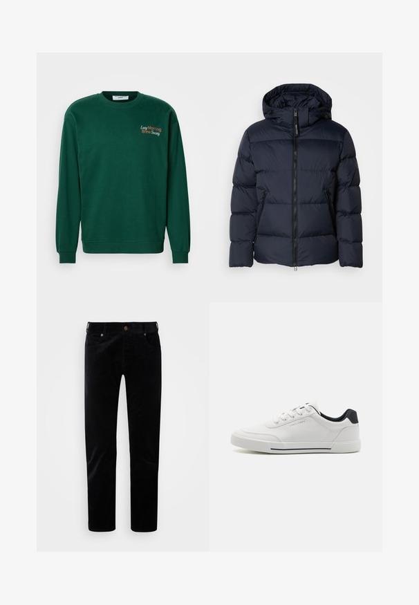 Marineblauwe gewatteerde jas met capuchon, met horizontale gestikte secties en een ritssluiting aan de voorkant. Inclusief zijzakken en stoffen accenten.; Donkergroene sweatshirt met een ronde hals, lange mouwen en geribbelde manchetten. Is voorzien van de geborduurde tekst "Lazy Morning Brew Society" in oranje en wit.; Zwarte corduroy broek met een rechte pasvorm, vijf zakken en een subtiele ribbeltextuur. Voorzien van een metalen knoop en rits.; Witte sneakers met een glad synthetisch bovenwerk, ronde neus, vetersluiting, marineblauwe accenten op de hiel en een gestructureerde rubberen zool met een zwarte streep.