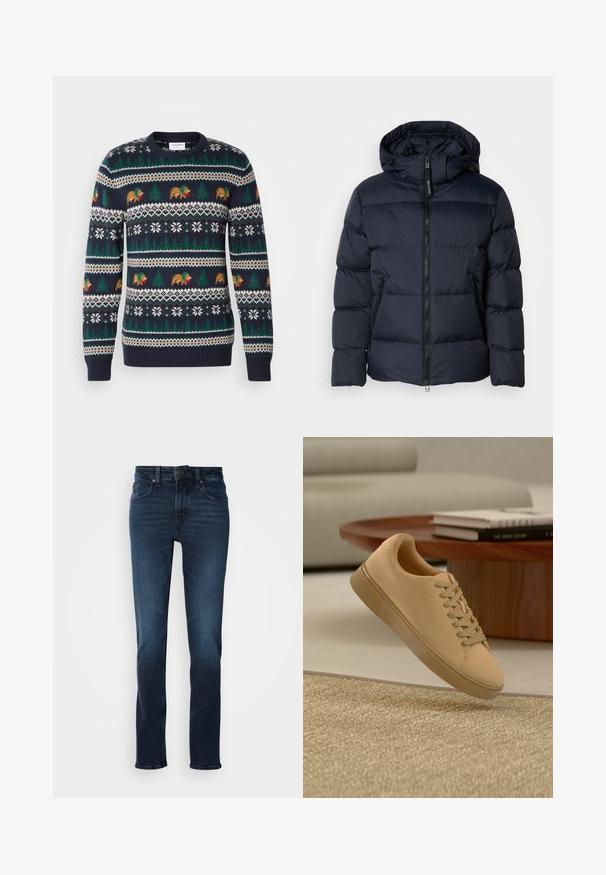 Marineblauer Steppjacke mit Kapuze, ausgestattet mit horizontalen Steppnähten und einem Reißverschluss vorne. Enthält seitliche Taschen und Stoffakzente.; Dunkelblauer Pullover aus Strick mit einem Feiertagsmuster, das Bären, Bäume und Schneeflocken in Grün, Braun und Weiß zeigt. Gerippte Bündchen und Saum.; Dunkelblaue Jeans im Denim-Stil mit geradem Schnitt, fünf Taschen, Vorderknopfverschluss und subtilen Verblassungen an den Oberschenkeln.; Beiger geschnürter Sneaker, der über einem strukturierten Teppich mit Holzcouchtisch und gestapelten Büchern im verschwommenen Hintergrund schwebt.
