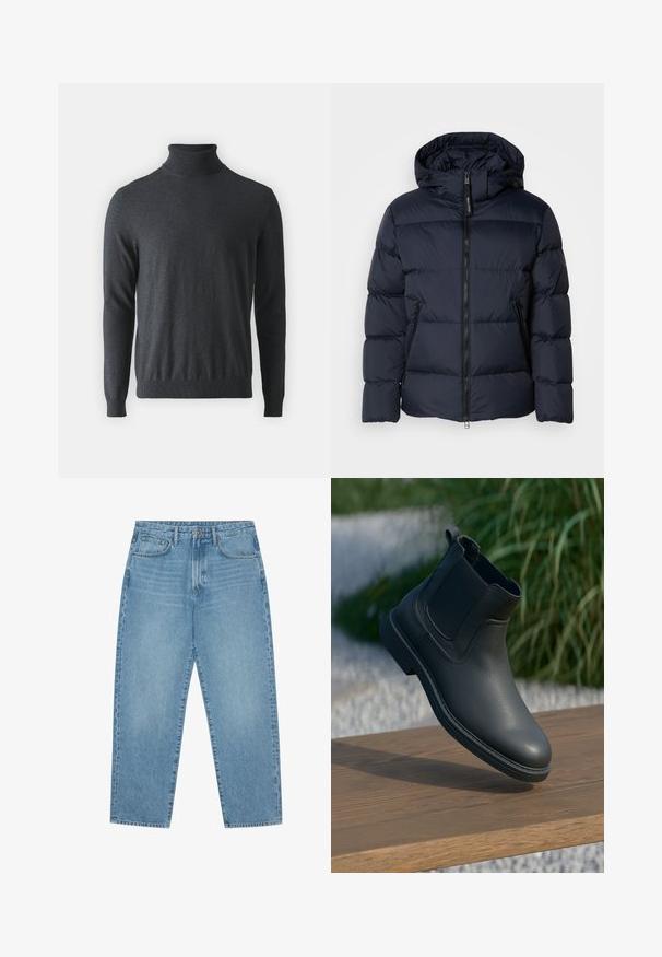 Marineblauer Steppjacke mit Kapuze, ausgestattet mit horizontalen Steppnähten und einem Reißverschluss vorne. Enthält seitliche Taschen und Stoffakzente.; Dunkelgrauer Rollkragenpullover aus weichem, geripptem Strickmaterial. Verfügt über lange Ärmel und eine taillierte Passform, mit einem hohen Kragen.; Hellblaue Jeans aus Denim mit geradem Bein, Fünf-Taschen-Design und leicht verwaschener Textur. Mit Knopf- und Reißverschluss ausgestattet.; Schwarze Leder-Stiefelette mit elastischen Seitenpanelen, strukturierten Akzenten und Gummisohle; die Präsentation umfasst eine Holzoberfläche und Grünpflanzen.