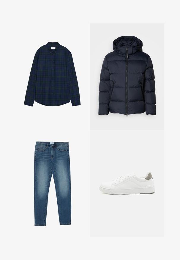 Doudoune bleu marine avec capuche, présentant des sections matelassées horizontales et une fermeture éclair sur le devant. Comprend des poches latérales et des accents en tissu.; Chemise à carreaux bleu marine et vert, avec un ourlet arrondi, des manches longues et un col. Comprend douze boutons à fermeture. Texture de tissu douce.; Jean en denim bleu moyen avec un délavage léger, design à cinq poches, coupe droite et accents cousus. Fermeture par bouton et zip.; Basket blanche en cuir lisse, à bout arrondi, design minimaliste, accent de talon gris et semelle en caoutchouc texturé.