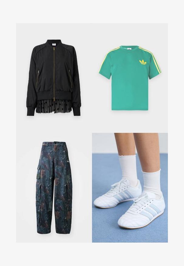 Zwarte bomberjack met rits, met geribbelde kraag, manchetten en zoom, voorzien van met rits afsluitbare zijzakken en een geplooide zwarte stof met witte polkadots als verlenging.; Groen katoenen T-shirt met korte mouwen, met gele strepen langs de schouders en een geborduurd logo van drie bladeren op de borst.; Camo cargobroek in donkergroen en bruin, met meerdere zakken en een losse pasvorm, gemaakt van lichtgewicht, duurzaam materiaal.; Witte leren sportschoenen met lichtblauwe strepen, gestructureerde neus en witte sneakersokken. Geplaatst op een blauwe tapijtoppervlak.