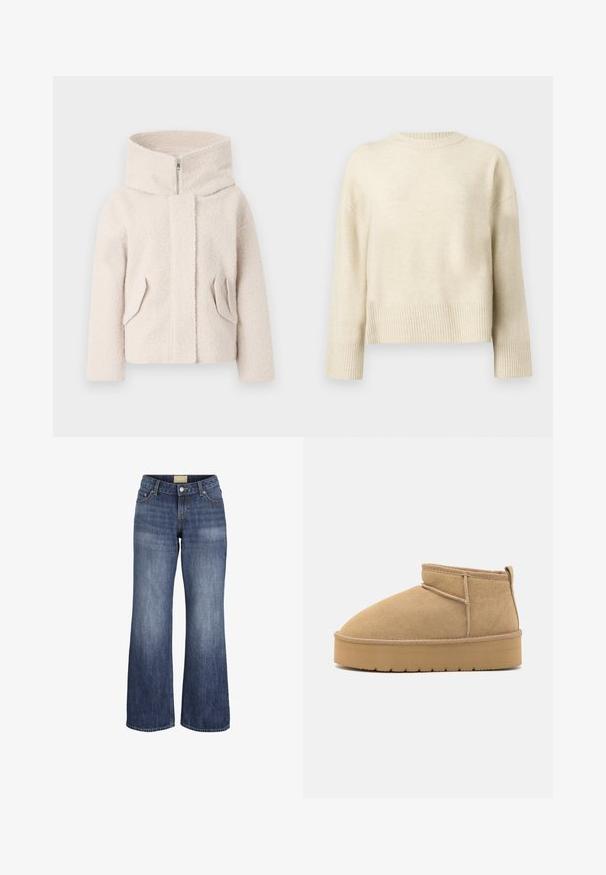Hellbeige, strukturierten Fleece-Jacke mit hohem Kragen, frontalem Reißverschluss und zwei seitlichen Taschen. Hat eine lockere Passform und weichen Stoff.; Cremfarbener Strickpullover mit langen Ärmeln, gerippten Bündchen, Saum und Rundhalsausschnitt, auf einfarbigem Hintergrund präsentiert.; Blaue Jeans mit weitem Bein, Vordertaschen, Gürtelschlaufen, Knopfverschluss und verwaschenen Wasch-Effekten.; Beige Wildleder-Stiefeletten mit runder Zehenform, minimaler Nähte und einer hellbraunen Gummisohle mit strukturiertem Muster.