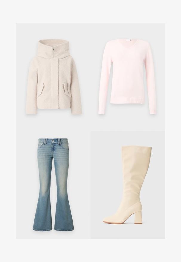 Vaalean beige, teksturoitu fleece-takki, jossa on korkea kaulus, etuvetoketju ja kaksi sivutaskua. Takissa on rento mitoitus ja pehmeä kangas.; Vaaleanpunainen V-kaula-aukollinen neulepaita, pitkät hihat, pehmeästä materiaalista, resorit helmassa ja hihansuissa, sileä tekstuuri, yksinkertainen kuvioimaton muotoilu.; Vaaleansiniset denimitlevihkenevät farkut, joissa on korkea vyötärö, hillitty haalistuma, kaksi etutaskua ja kaksi takataskua, joissa on napillinen suljenta.; Kreemivärvi kuni põlveni ulatuv saabas, millel on ploki konts ja sile viimistlus, kujutatud külgprofilis lihtsal taustal.