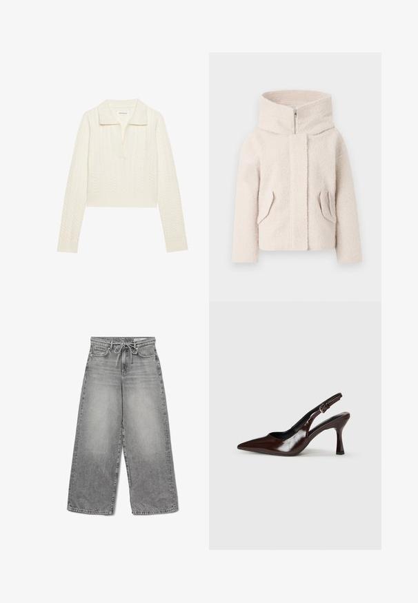 Veste en polaire texturée beige clair, avec un col haut, une fermeture éclair à l'avant et deux poches latérales. Présente une coupe décontractée et un tissu doux.; Pull court en crème, présentant un motif en maille torsadée, un large col et des poignets côtelés. Fabriqué à partir d'un tissu doux et texturé.; Jean en denim gris à jambes larges avec une finition délavée, taille à cordon de serrage et design classique à cinq poches, présentant des détails de couture visibles.; Talons slingback en cuir verni brun avec un bout pointu, un talon fin, et une sangle réglable avec une petite boucle.