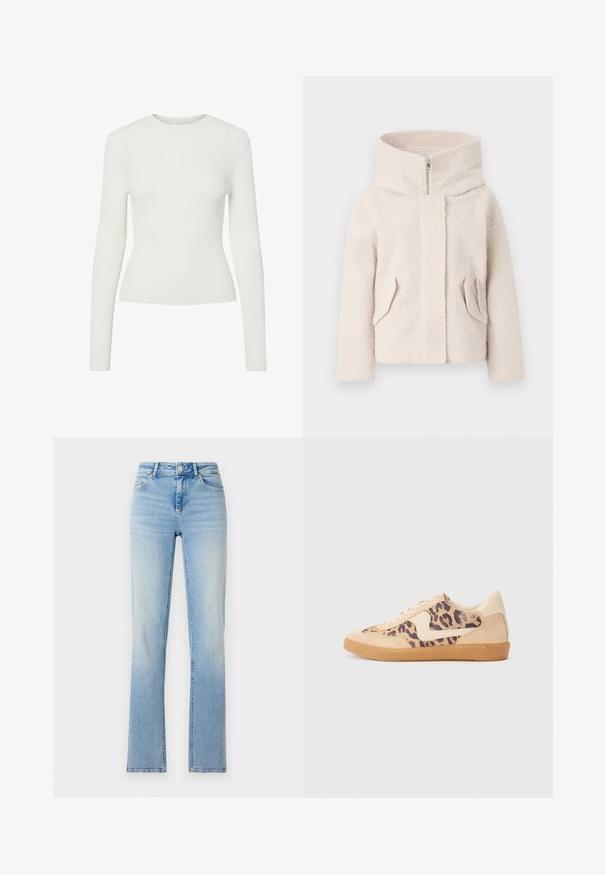 Hellbeige, strukturierten Fleece-Jacke mit hohem Kragen, frontalem Reißverschluss und zwei seitlichen Taschen. Hat eine lockere Passform und weichen Stoff.; Weißes langärmliges Rippenoberteil mit Rundhalsausschnitt, figurbetontem Schnitt und glatter Textur. Minimalistisches Design, keine sichtbaren Muster oder Verzierungen.; Hellblaue Denim-Jeans mit hoher Taille, geradem Bein und dezentem Verblassen. Verfügt über fünf Taschen und Gürtelschlaufen.; Löwenmuster-Sneaker mit beige Wildleder-Obermaterial, tanfarbener Gummisohle und weißen Akzenten. Runde Zehenform und Schnürdesign mit strukturiertem Finish.