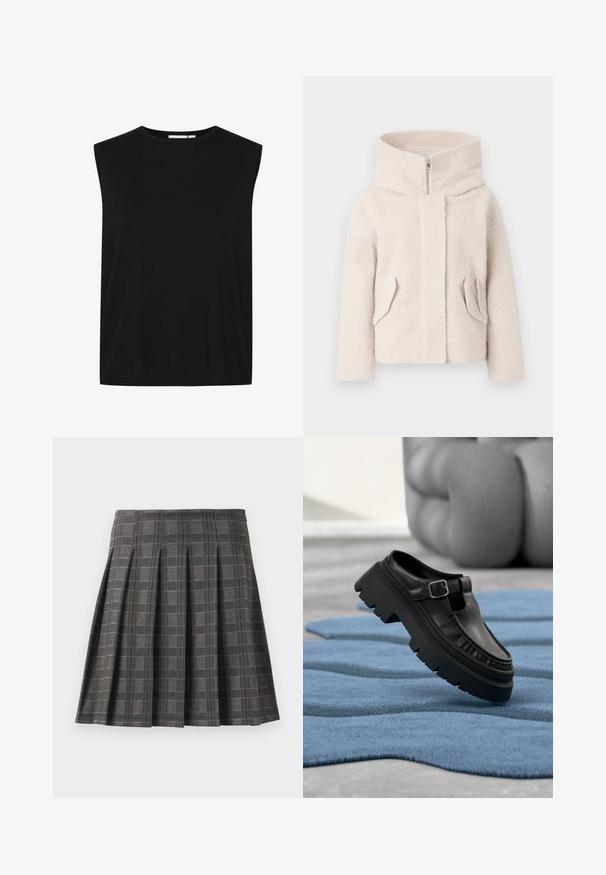 Hellbeige, strukturierten Fleece-Jacke mit hohem Kragen, frontalem Reißverschluss und zwei seitlichen Taschen. Hat eine lockere Passform und weichen Stoff.; Schwarzes ärmelloses Oberteil mit rundem Halsausschnitt, aus einem gerippten Stoff gefertigt, mit lockerer Passform und geradem Saum, entworfen für Komfort.; Faltenrock in einem grauen Karomuster, aus einem strukturierten Stoff gefertigt. Verfügt über vertikale Falten und einen geraden Saum.; Schwarzer Leder-Slipper mit grober Profilsohle und silberner Schnalle, schräg auf einem strukturierten blauen Teppich platziert.