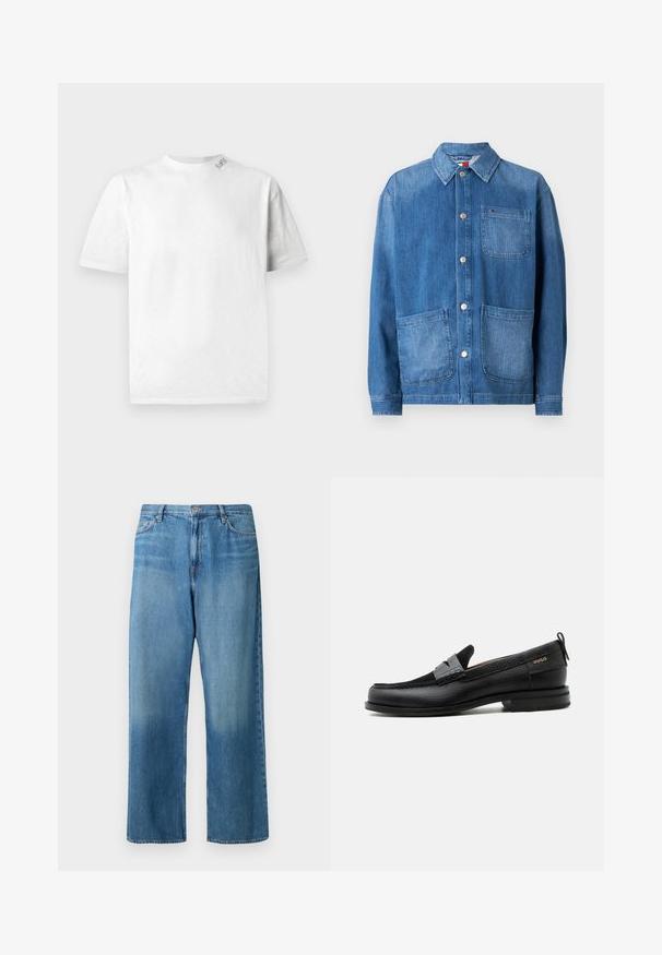 Denim jasje in middelblauw met een knoopsluiting aan de voorkant, spitse kraag, twee grote voorkruiden en een klein borstzakje. Glad textuur.; Witte T-shirt met korte mouwen en ronde hals, met een subtiele textuur en een klein logodetaillering op de linkerschouder.; Lichtblauwe jeans met een wijde pijp van denim. Voorzien van een taille met normale hoogte, een ontwerp met vijf zakken en een vervaagde wassing met zichtbare stiksels.; Zwarte leren loafer met grijs riemdetailelement, lage hak en gestructureerde zool, aan de zijkant gebrandmerkt met "HUGO" in goud.