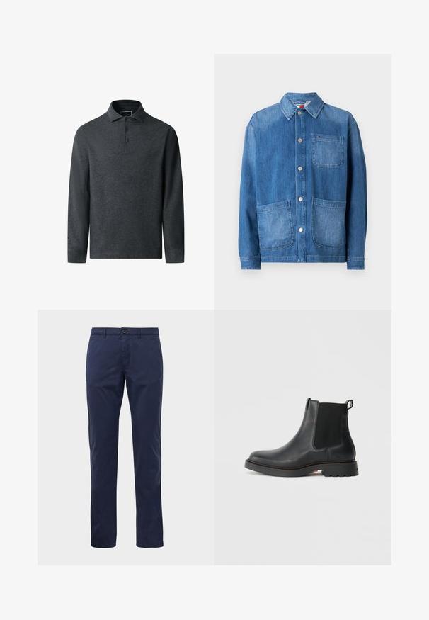 Denim jasje in middelblauw met een knoopsluiting aan de voorkant, spitse kraag, twee grote voorkruiden en een klein borstzakje. Glad textuur.; Donkergrijze long-sleeve polo met een gestructureerde stof, kraag en een drie-knopen-bloes. Beschikt over een rechte boord en subtiele stiksels.; Marineblauwe rechte broek met knoop- en ritsluiting, lussen voor een riem en zijzakken, weergegeven op een witte achtergrond.; Zwarte leren Chelsea-boots met elastische zijpanelen, ronde neus, getextureerde rubberen zool en een achterkant met trekhaak voor gemakkelijke dressing.