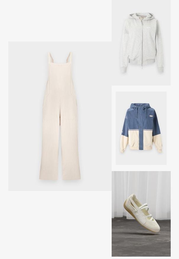 Veste à capuche en velours côtelé bleu et beige avec boutons-pression sur le devant, cordons, deux poches et petits écussons brodés sur la poitrine et la manche.; Salopette en tissu texturé couleur crème avec jambes larges, poches avant et bretelles réglables sur fond uni.; Sweat à capuche gris clair zippé avec manches longues, poignets et ourlet côtelés, poches avant et petit logo "ellesse" blanc sur la poitrine.; Chaussure de style Mary Jane couleur crème avec trois brides, côtés texturés et semelle flexible marron clair, flottant au-dessus d'un sol gris.