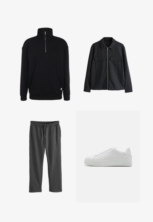 Schwarze Langarmjacke mit Kragen, Frontreißverschluss und zwei Brusttaschen mit Klappen auf weißem Hintergrund.; Schwarzer Sweatshirt mit Zip-Kragen, langen Ärmeln, weicher Textur, einer Fronttasche und einem kleinen grünen Logo am Saum.; Graue Sweatpants mit elastischem Bund und verstellbarem Kordelzug. Aus weichem Material gefertigt, mit seitlichen Taschen und lockerer Passform.; Weiße Ledersneaker mit einer klobigen Plattformsohle, runder Zehenpartie und sechs Ösen. Glatte Textur mit subtilen Stichdetails.