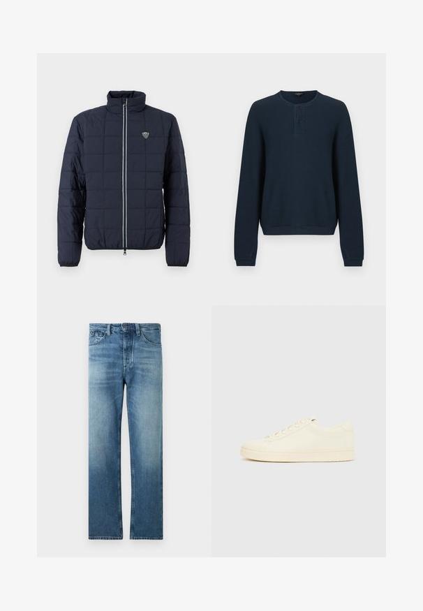 Μπλε μπουφάν με καπιτονέ σχέδιο, φερμουάρ μπροστά, όρθιο γιακά, ελαστικά μανίκια και μικρό λογότυπο EA7 στο στήθος.; Μακρυμάνικο πουλόβερ σε ναυτικό μπλε με υφή ριμπ ύφανσης. Διαθέτει λαιμόκοψη τύπου crew και τρεις κουμπότρυπες μπροστά. Οι μανσέτες και το τελείωμα είναι μονόχρωμα.; Τζιν μπλε μεσαίου τόνου με ίσια γραμμή, ελαφρώς ξεβαμμένο και κλασικό σχέδιο με πέντε τσέπες, κούμπωμα με κουμπί και θηλιές για ζώνη.; Αθλητικό παπούτσι εκρού με λείο δερμάτινο πάνω μέρος, στρογγυλεμένη μύτη, κορδόνια στο μπροστινό μέρος και υφασμένο λαστιχένιο πέλμα. Μινιμαλιστικός σχεδιασμός, χωρίς λογότυπα.