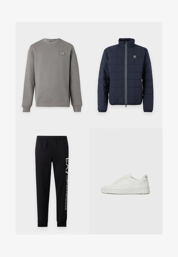 Veste matelassée bleu marine avec fermeture éclair frontale, col montant, poignets élastiques, et petit logo EA7 sur la poitrine.; Sweat-shirt gris à manches longues avec col rond, poignets et ourlet côtelés, comportant un petit patch logo EA7 Emporio Armani sur la partie supérieure gauche de la poitrine.; Pantalons de survêtement noirs en mélange de coton, dotés d'une taille élastique, de jambes fuselées, de poignets côtelés et d'un imprimé logo blanc sur le côté.; Baskets en cuir blanc avec une finition lisse, bout arrondi, lacets plats et semelle texturée. Présente un logo discret sur le talon.