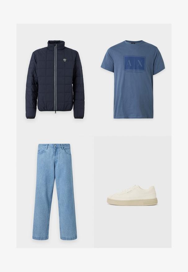 Marineblauwe doorgestikte jas met ritssluiting aan de voorkant, opstaande kraag, elastische manchetten en klein EA7-logo op de borst.; Blauw Armani Exchange T-shirt met korte mouwen, ronde hals en A|X-logo gedrukt op de borst in een donkerdere blauwe tint.; Lichtblauwe denim jeans met rechte pijpen, steekzakken aan de voorkant, riemlussen en een knoopsluiting tegen een effen achtergrond.; Witte canvas sneakers met een gestructureerde rubberen zool, featuring een gestikte neuskap en logo-accent op de hak. Eenvoudig vetersluiting ontwerp.