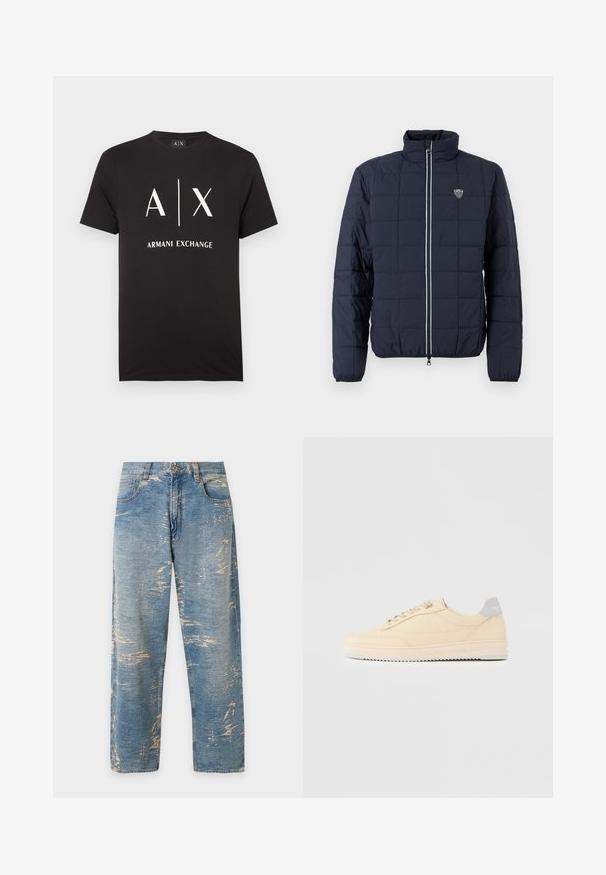 Veste matelassée bleu marine avec fermeture éclair frontale, col montant, poignets élastiques, et petit logo EA7 sur la poitrine.; T-shirt en coton noir avec les initiales "A|X" et "ARMANI EXCHANGE" imprimées en blanc. Col rond avec manches courtes.; Jean bleu clair à jambes droites, taille haute avec des détails délavés et usés sur tout le tissu.; Baskets basses beige à lacets, semelle rose clair et languette grise à l'arrière marquée "Filling Pieces", vues de profil sur fond uni.