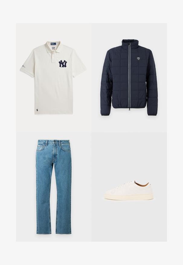 Chaqueta acolchada azul marino con cremallera frontal, cuello alto, puños elásticos y pequeño logo EA7 en el pecho.; Camiseta polo blanca con logo de los New York Yankees en azul marino en el pecho, pequeño emblema de Polo Ralph Lauren cerca del dobladillo, y firma en la manga izquierda.; Jeans de mezclilla azul con corte recto, que presentan un diseño clásico de cinco bolsillos y un detalle de costura sutil.; Zapatilla blanca de corte bajo con diseño de cordones, detalles mínimos de costuras y suela color crema sobre un fondo gris claro.
