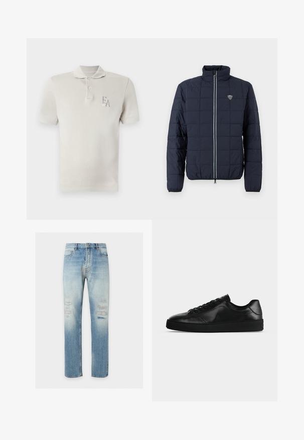 Veste matelassée bleu marine avec fermeture éclair frontale, col montant, poignets élastiques, et petit logo EA7 sur la poitrine.; Polo à manches courtes beige clair avec deux boutons et logo brodé "EA" sur le côté gauche de la poitrine.; Jean bleu clair coupe droite avec des détails subtils délavés et usés sur l'avant des cuisses, style classique cinq poches, fermeture par bouton.; Sneaker noir en cuir à profil bas avec lacets sur le devant et semelle plate texturée, montré de profil sur un fond neutre.