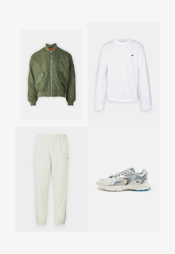 Veste bomber vert olive avec fermeture éclair sur le devant, poignets côtelés et deux poches avant. Dotée d'un petit logo sur la poitrine gauche et d'une doublure intérieure contrastante.; T-shirt blanc à manches longues en coton. Doté d'un col rond côtelé et d'un petit logo vert brodé sur la poitrine. Design simple.; Jogging léger crème avec une taille élastique, des chevilles resserrées, des fentes latérales et un petit logo vert sur la cuisse supérieure.; Baskets Lacoste avec un mélange de daim gris et de mesh, avec un accent bleu, des détails texturés et une semelle blanche. Comprend un texte de marque sur le côté.