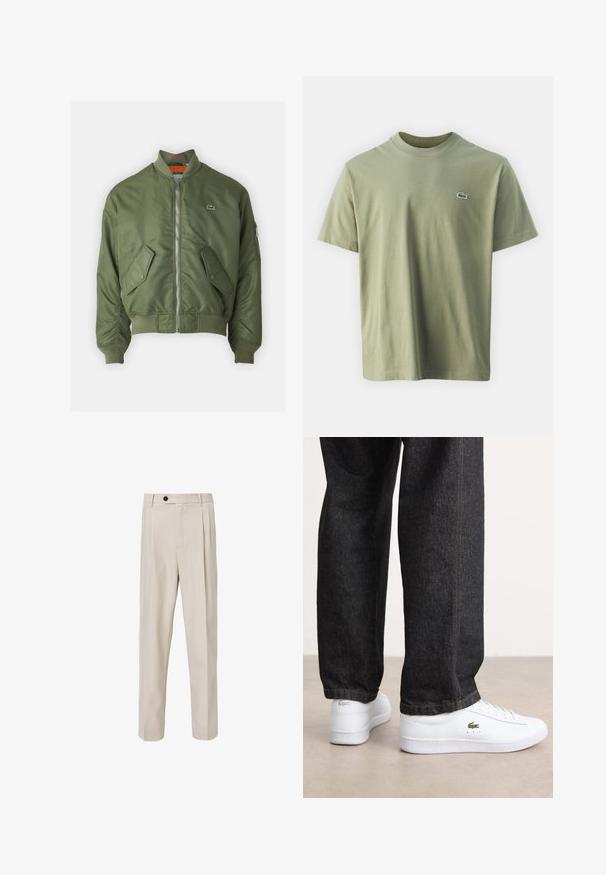 Chaqueta bomber verde oliva con cierre de cremallera al frente, puños acanalados y dos bolsillos frontales. Presenta un pequeño logo en el lado izquierdo del pecho y forro interior en contraste.; Camiseta de algodón verde oliva con cuello redondo y mangas cortas. Presenta un pequeño logotipo bordado en el pecho. Textura suave.; Pantalones beige tailorizados con un diseño de pierna recta, que presentan pliegues en la parte frontal, un cierre de botón y una textura de tela lisa.; Zapatillas de cuero blancas con un diseño de perfil bajo y un logo verde, combinadas con unos jeans de mezclilla oscuros con costuras amarillas.
