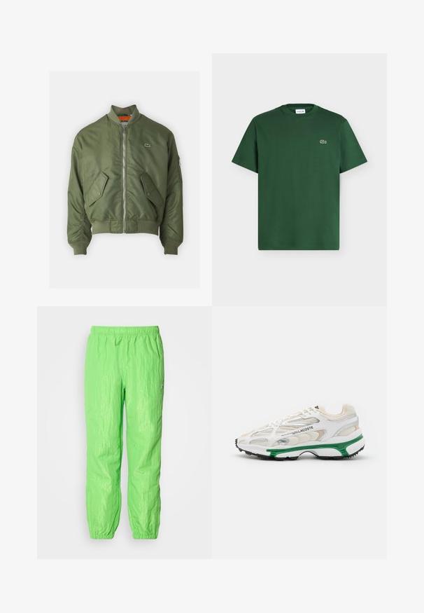 Chaqueta bomber verde oliva con cierre de cremallera al frente, puños acanalados y dos bolsillos frontales. Presenta un pequeño logo en el lado izquierdo del pecho y forro interior en contraste.; Camiseta de algodón de manga corta en verde oscuro con cuello redondo y pequeño logo del cocodrilo de Lacoste en el pecho izquierdo.; Pantalones ligeros de color verde neón con cintura elástica, que presentan una textura ligeramente arrugada y puños fruncidos en los tobillos.; Zapatilla blanca con acento verde y suela de goma negra. Presenta paneles de malla y sintéticos, con un acabado texturizado y costuras visibles.