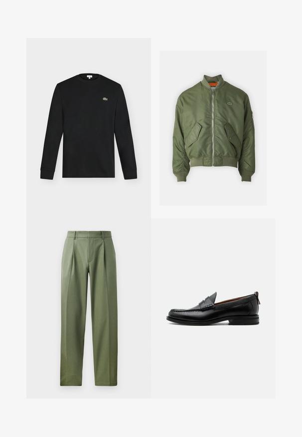 Chaqueta bomber verde oliva con cierre de cremallera al frente, puños acanalados y dos bolsillos frontales. Presenta un pequeño logo en el lado izquierdo del pecho y forro interior en contraste.; Camiseta negra de manga larga con cuello redondo y pequeño logo verde de cocodrilo en el pecho izquierdo, mostrada sobre un fondo claro y liso.; Pantalones a medida en tejido verde olivo con una textura suave, que cuentan con dos pliegues frontales, trabillas para el cinturón y un diseño de pierna recta.; Mocasín de hombre de piel negra con costura moc toe, tira penny, cuello texturizado y tacón bajo apilado sobre fondo blanco.