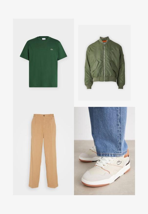 Chaqueta bomber verde oliva con cierre de cremallera al frente, puños acanalados y dos bolsillos frontales. Presenta un pequeño logo en el lado izquierdo del pecho y forro interior en contraste.; Camiseta de algodón de manga corta en verde oscuro con cuello redondo y pequeño logo del cocodrilo de Lacoste en el pecho izquierdo.; Pantalones de pierna ancha en beige, fabricados con tejido suave, que cuentan con dos bolsillos frontales, un cierre de botón y detalles de pliegues a lo largo de las piernas.; Zapatillas de deporte beige claro con materiales de ante y cuero, que presentan acentos grises, cordones blancos y una suela de goma con un patrón texturizado.