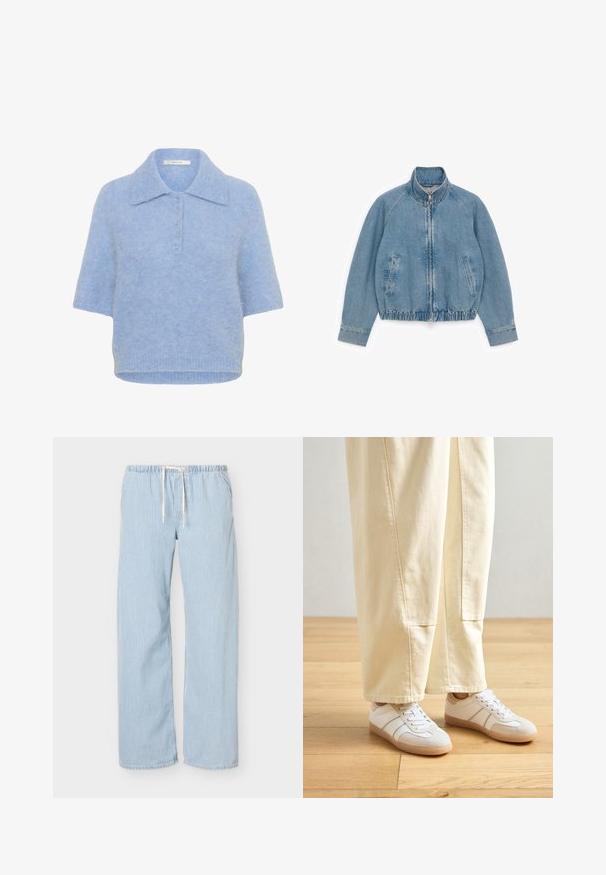 Hellblaue Jeansjacke mit durchgehendem Frontreißverschluss, hohem Kragen, Seitentaschen, langen Ärmeln und elastischem Saum vor weißem Hintergrund.; Hellblaues, kurzärmliges Strickoberteil mit Kragen und Knopfleiste mit fünf Knöpfen. Weicher Stoff mit leicht lässiger Passform und geripptem Saum.; Hellblaue und weiße, vertikal gestreifte, locker sitzende Hose mit elastischem Bund und weißem Kordelzug vor einfarbigem Hintergrund.; Weiße Sneaker mit einer Kombination aus glatten und Wildledertexturen, ausgestattet mit beigen Akzenten und einer Gummisohle, kombiniert mit hellen, weiten Hosen.