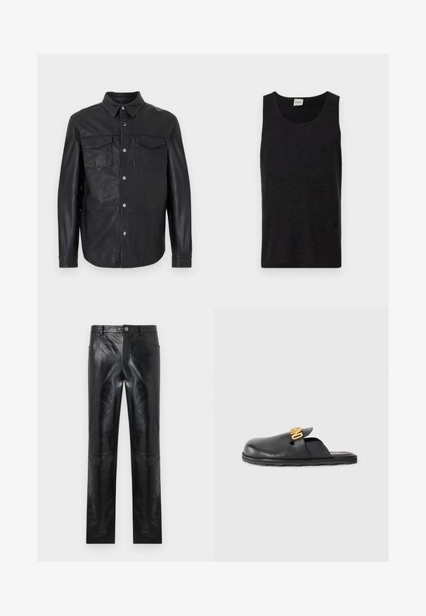 Camisa negra de cuero con botones, cuello puntiagudo, mangas largas y dos bolsillos en el pecho con solapas y botones.; Camiseta sin mangas negra hecha de material texturizado. Presenta un cuello redondo y un sutil logo cerca del dobladillo. Diseño simple.; Pantalones de cuero negros de pierna recta con cierre de botones, trabillas para cinturón y bolsillos frontales, exhibidos sobre un fondo blanco.; Mule de cuero negro sin tacón con un detalle decorativo de cinta dorada y una suela de goma texturizada y baja sobre un fondo liso.