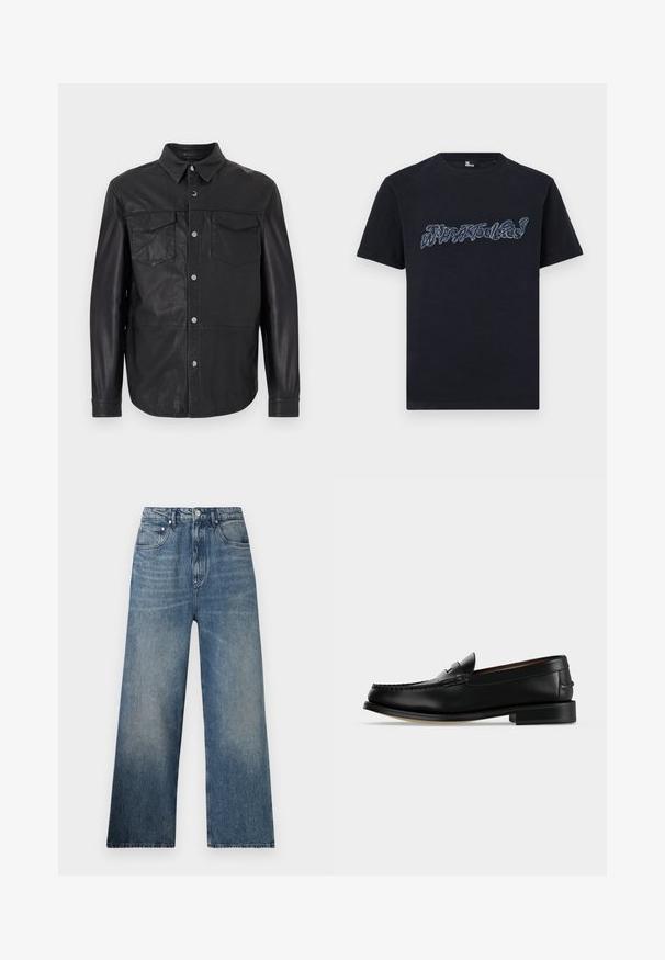 Sort læder skjorte med knapper, spidst krave, lange ærmer og to brystlommer med klap og knapper.; Sort bomulds-T-shirt med en tekstureret, blå broderet tekstgrafik på fronten. Klassisk rund hals og korte ærmer.; Blå denim bredbenede jeans med høj talje, subtilt slid, fem lommer og metalknaplukning foran.; Sort læder herre loafer med lav hæl og mokkasinsyning på tåen, vist fra siden på en ensfarvet baggrund.