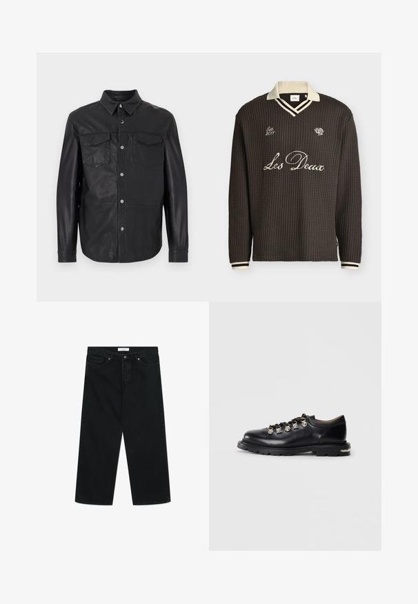 Zwarte leren blouse met knopen, puntige kraag, lange mouwen en twee borstzakken met klep en knopen.; Donkerbruine wafelgebreide trui met lange mouwen, crèmekleurige kraag, gestreepte manchetten en geborduurde tekst "Les Deux" en "Est. 2011" aan de voorkant.; Zwarte wijde jeans van denim stof, met een knoopsluiting aan de voorkant, riemlussen en zakken. Gladde textuur, minimalistisch ontwerp.; Zwarte leren lage schoen met dikke zool, metalen oogjes, decoratieve zilveren charmes aan de veters en een gestructureerde loopzool.