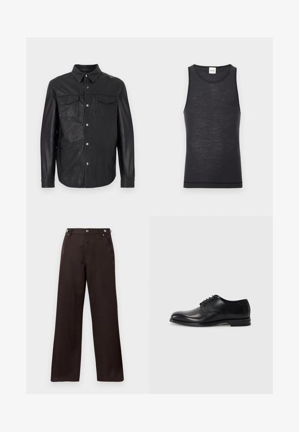 Schwarzes Lederhemd mit Knopfleiste, spitzem Kragen, langen Ärmeln und zwei aufgesetzten Brusttaschen mit Klappen und Knöpfen.; Schwarzes ärmelloses Tanktop aus leichtem Material, mit rundem Halsausschnitt und subtiler Textur, sowie einem kontrastierenden Saumdetails.; Dunkelbraune gerade geschnittene Hosen mit Knopfdetails am Bund und zwei vorderen Taschen, vor einem weißen Hintergrund präsentiert.; Schwarze Lederschuhe mit runder Zehenpartie, Schnürdesign, glatter Textur und einer flachen Gummisohle. Minimale Nähte.