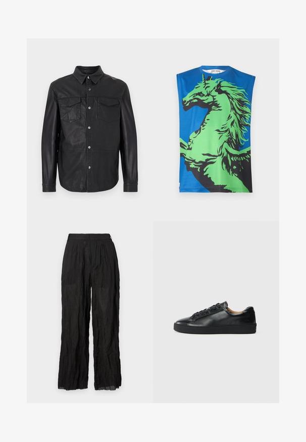 Sort læder skjorte med knapper, spidst krave, lange ærmer og to brystlommer med klap og knapper.; Ærmeløs T-shirt med en blå baggrund og et stort grafik af en grøn og sort enhjørning. Lavet af glat stof med rund halsudskæring.; Sorte linned brede bukser med en struktureret overflade. Har en elastisk talje og diskrete folder.; Sorte lædersneakers med en glat overflade, rund tå og snørebåndslukning. Har en tyk gummisål og minimal branddetalje.