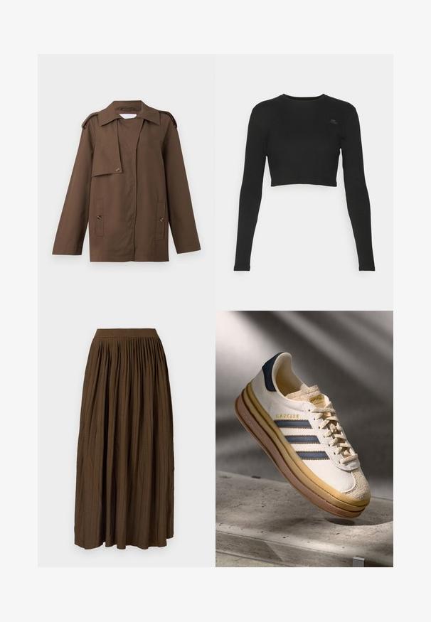 Hnedá bavlnená bunda s rozšíreným golierom, ramennými epauletami, gombíkovým zapínaním a dvoma vreckami na pásy.; Čierny cropped top s dlhým rukávom vyrobený z rebrového materiálu, s okrúhlym výstrihom a malou značkovou nášivkou na hrudi.; Hnedá maxi sukňa s plisovaním a širokým elastickým pásom, vyrobená z textúrovanej látky, ktorá má vertikálne záhyby pre pridanie detailu a plynulosť.; Tenisky Adidas Gazelle so smotanovým semišovým horným dielom, modrými koženými akcentmi, tromi modrými pruhmi, béžovou medzipodrážkou a hnedou gumovou podrážkou.