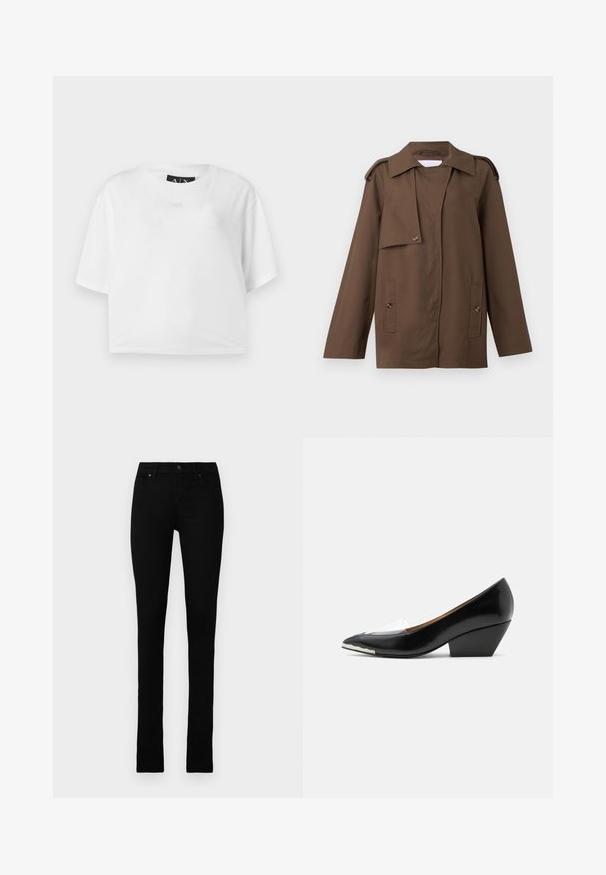Veste en coton marron avec un col étalé, des épaulettes, un devant à boutons et deux poches plaquées à la taille.; T-shirt blanc court en coton, avec un col rond et des manches courtes. Logo subtilement en relief sur le devant. Texture lisse.; Jeans en denim noir avec une coupe slim, dotés de cinq poches, d'une fermeture à bouton et d'un design épuré sans ornements.; Chaussure femme noire à talon bas avec bout pointu, bride transparente et détail blanc sur l'avant de la semelle, vue de profil sur fond blanc.