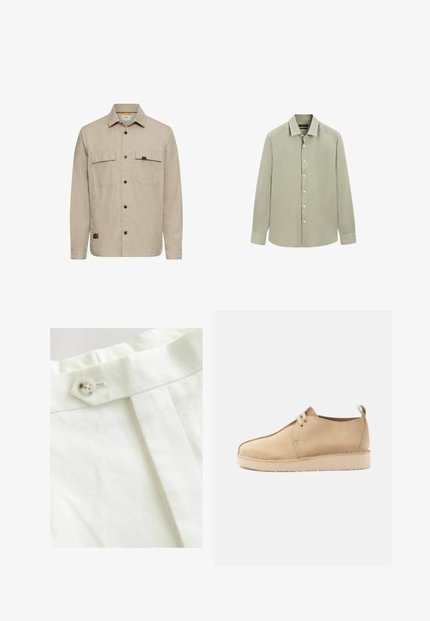 Beige jakke med knapper og krave, to brystlommer og sorte knapper; fremstillet af tekstureret stof; har en mærkeetiket i kanten.; Lysgrå skjorte med lange ærmer, krave og hvide knapper, vist fladt på en hvid baggrund.; Hvidt stof med en glat tekstur, der har en enkelt knaplukning, et plisseret design og pæne syninger.; Beige ruskind snørestøvle med rundet tå, tyk sål og trækkrog ved hælen, vist i sideprofil på hvid baggrund.