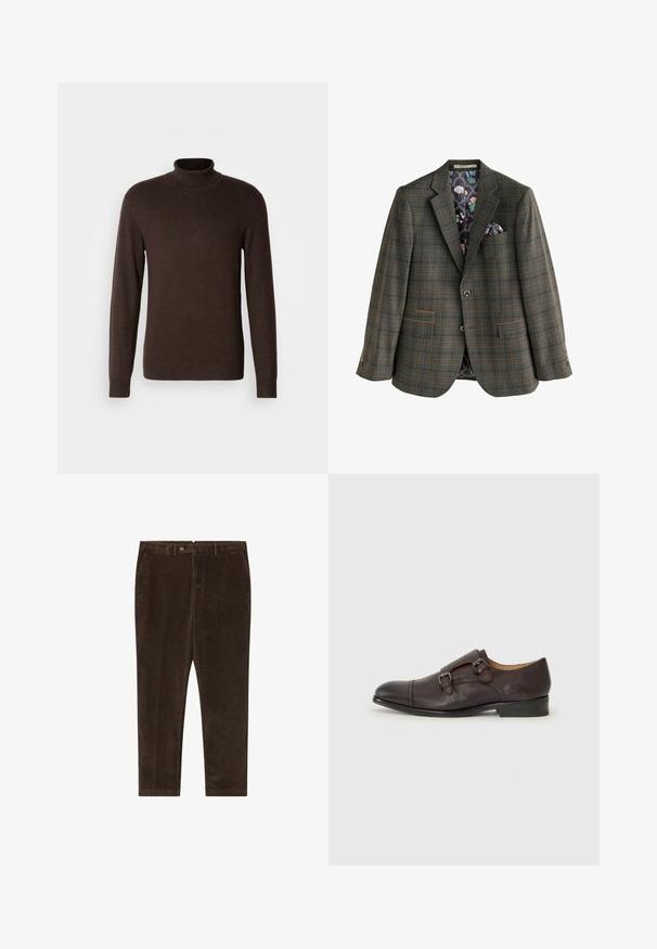 Bruine geruite blazer met twee voorzakken, notch revers en knoopsluiting. Bloemmotief aan de binnenvoering en details van de pochette.; Bruine coltrui van zacht materiaal, met lange mouwen en een ribgebreide kraag. Glad oppervlak met een aansluitend ontwerp.; Bruine corduroybroek met een recht gesneden ontwerp, voorzien van een knoopsluiting, zijzakken en een gladde textuur.; Bruine leren avond schoenen met twee gespen, ronde neus en gestructureerde bovenkant. Formele stijl met een lage hak en een gladde afwerking.