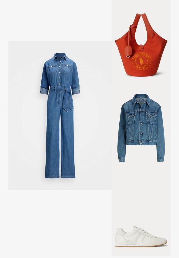 Sinine teksajope ees nuppudega, kaks rinnataskut klappidega, küljetaskud ja klassikaline krae, sildiga Polo by Ralph Lauren.; Keskmise sinise värvusega denim ülikond, millel on nööbiga eesmine klapp, kaks rinnataskut, keeratud varrukad, vöökoht nööriga ja laiad sääred.; Valge madala säärega toss esikäepäradega, seemisnahast ja nahast paneelidega ning helepruuni kummipõhjaga, valgel taustal.; Punane lõuendist kandekott nahast sangadega ja kollaseks tikitud Polo Ralph Laureni New Yorki logo esiküljel.