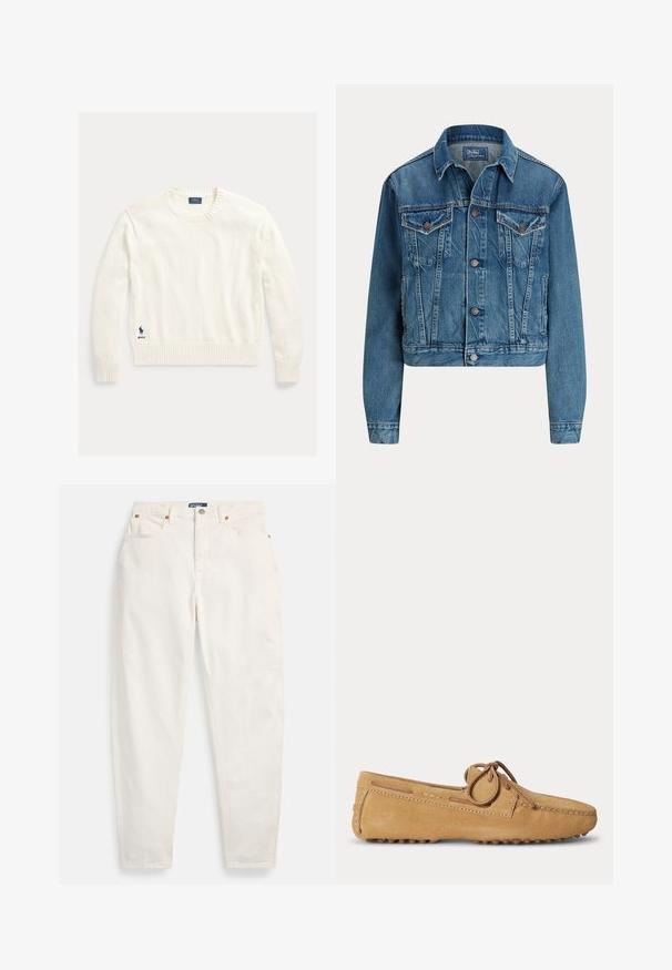 Modrá rifľová bunda s gombíkmi vpredu, dvoma náprsnými vreckami s chlopňou, bočnými vreckami a klasickým golierom, označená Polo by Ralph Lauren.; Biely bavlnený sveter s rebrovaným okrúhlym výstrihom a manžetami, s malým modrým logom na spodnej ľavej strane. Mäkká textúra, štandardný strih.; Biele rifle s vysokým pásom a rovnými nohavicami, s predným gombíkom a zipsom, dizajn s piatimi vreckami a značkovou nálepkou Polo na páse.; Svetlohnedý semišový mokasín s zaoblenou špičkou, koženou šnúrkou zviazanou na mašličku a gumovou podrážkou s výstupkami pre lepšiu priľnavosť.