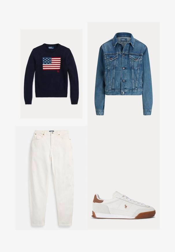 Blå denimjakke med knapper foran, to brystlommer med klap, sidelommer og klassisk krave, mærket Polo af Ralph Lauren.; Marineblå strikket sweater med et tekstureret amerikansk flagdesign i rød, hvid og blå. Ribstrikkede manchetter og kant, med "RL"-logo nær kanten.; Hvide høj-taljede jeans med lige ben, foran knap og lynlås, fem-lommer design og Polo mærkeetiket på linningen.; Hvid sneaker med lavt skaft med brune ruskindsdetaljer ved hæl og tå, hvide snørebånd og et lille brunt broderet logo på siden.