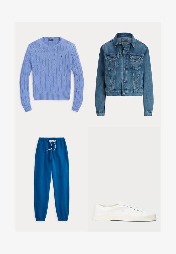 Blaue Jeansjacke mit Knopfverschluss vorne, zwei Brustklappentaschen, Seitentaschen und klassischem Kragen, mit dem Label Polo von Ralph Lauren.; Hellblauer Pullover mit Zopfmuster, Rundhalsausschnitt und langen Ärmeln, mit Polo Ralph Lauren-Logo auf der Brust bestickt.; Blaue Sweatpants mit elastischem Bund, weißem Kordelzug und Bündchen am Knöchel, flach auf weißem Hintergrund ausgebreitet.; Weiße Leinensneaker mit runder Zehenpartie, Schnürverschluss und dezentem Logodetail. Verfügt über ein strukturiertes Gewebe und eine Gummisohle.