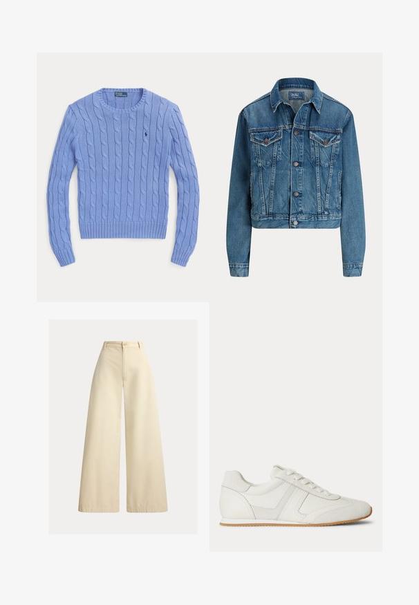Modrá rifľová bunda s gombíkmi vpredu, dvoma náprsnými vreckami s chlopňou, bočnými vreckami a klasickým golierom, označená Polo by Ralph Lauren.; Svetlomodrý sveter s copánkovým vzorom, s okrúhlym výstrihom a dlhými rukávmi, s vyšívaným logom Polo Ralph Lauren na hrudi.; Béžové široké nohavice vyrobené z bavlny s vysokým pásom, predným zapínaním na gombíky a upravenými švami pozdĺž okrajov.; Biela nízka teniska so šnurovaním vpredu, zsemišovými a koženými panelmi a svetlohnedou gumovou podrážkou na bielom pozadí.