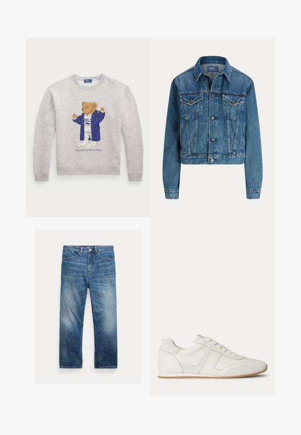 Modrá rifľová bunda s gombíkmi vpredu, dvoma náprsnými vreckami s chlopňou, bočnými vreckami a klasickým golierom, označená Polo by Ralph Lauren.; Svetlošedý mikina s grafikou medveďa v modrom kabáte a vo bielom oblečení. Rybkované manžety a lem. Text "Polo Bear od Ralpha Laurena" nižšie.; Modré prané denimové džínsy s rovnými nohavicami, prednými vreckami, pútkami na opasok a blednúcimi detailmi na stehnách a kolenách.; Biela nízka teniska so šnurovaním vpredu, zsemišovými a koženými panelmi a svetlohnedou gumovou podrážkou na bielom pozadí.