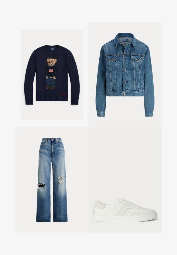 Modrá rifľová bunda s gombíkmi vpredu, dvoma náprsnými vreckami s chlopňou, bočnými vreckami a klasickým golierom, označená Polo by Ralph Lauren.; Tmavomodrý pletený sveter s medvedíkom, ktorý má na sebe džínsy a čierny sveter s americkou vlajkou, červené iniciály "RL" na spodnom leme.; Modré džínsové nohavice s širokými nohavicami a roztrhnutými dierami na kolenách, so zvýšeným pásom, zapínaním na gombíky a klasickým päťvreckovým dizajnom.; Biele tenisky so hladkým koženým zvrškom, semišovými akcentmi a plochými šnúrkami. Majú textúrovanú gumovú podrážku a minimalistický dizajn.